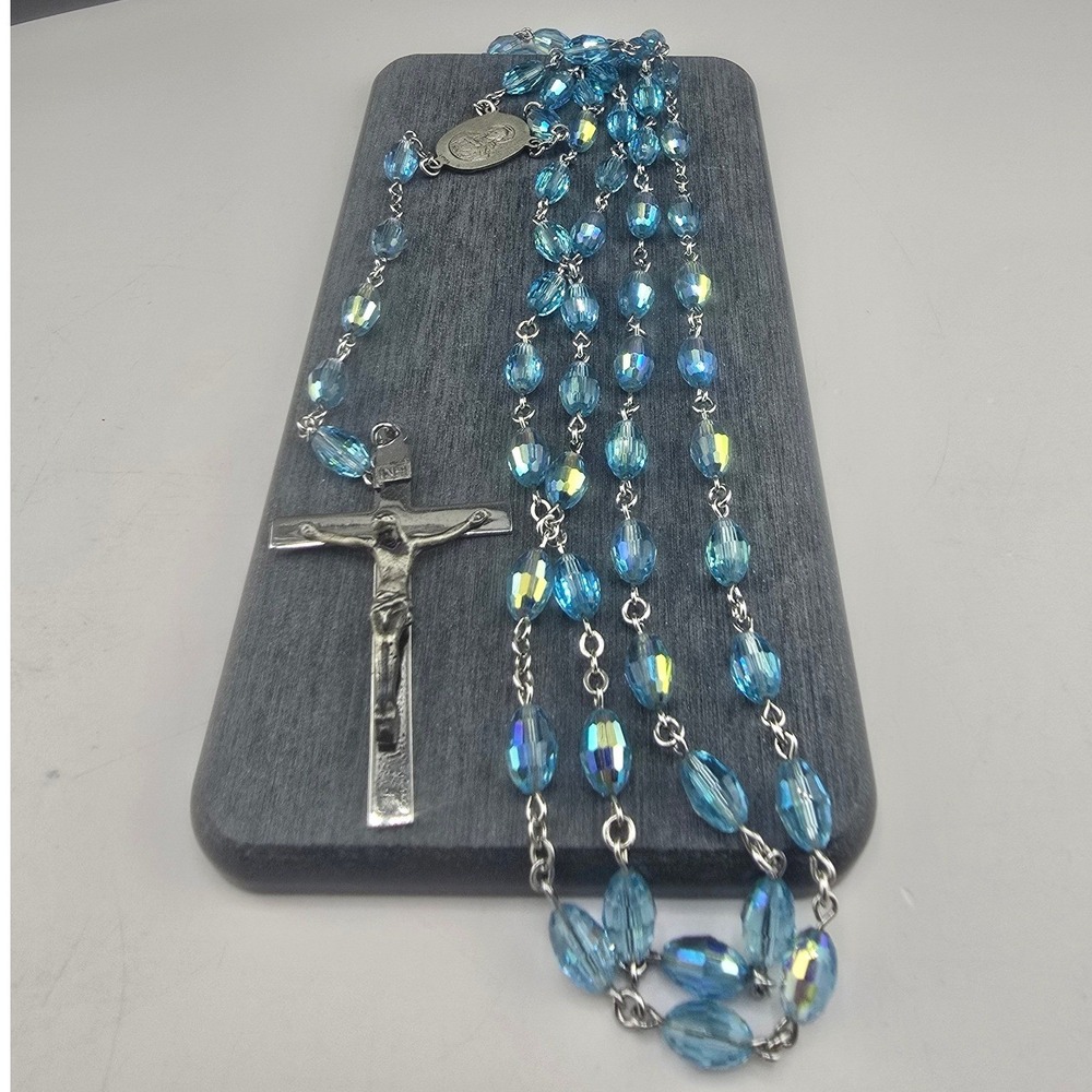 Vintage Antaya Rosary Blue Aurora Borealis Glass Sterling Silver Crucifix 22in